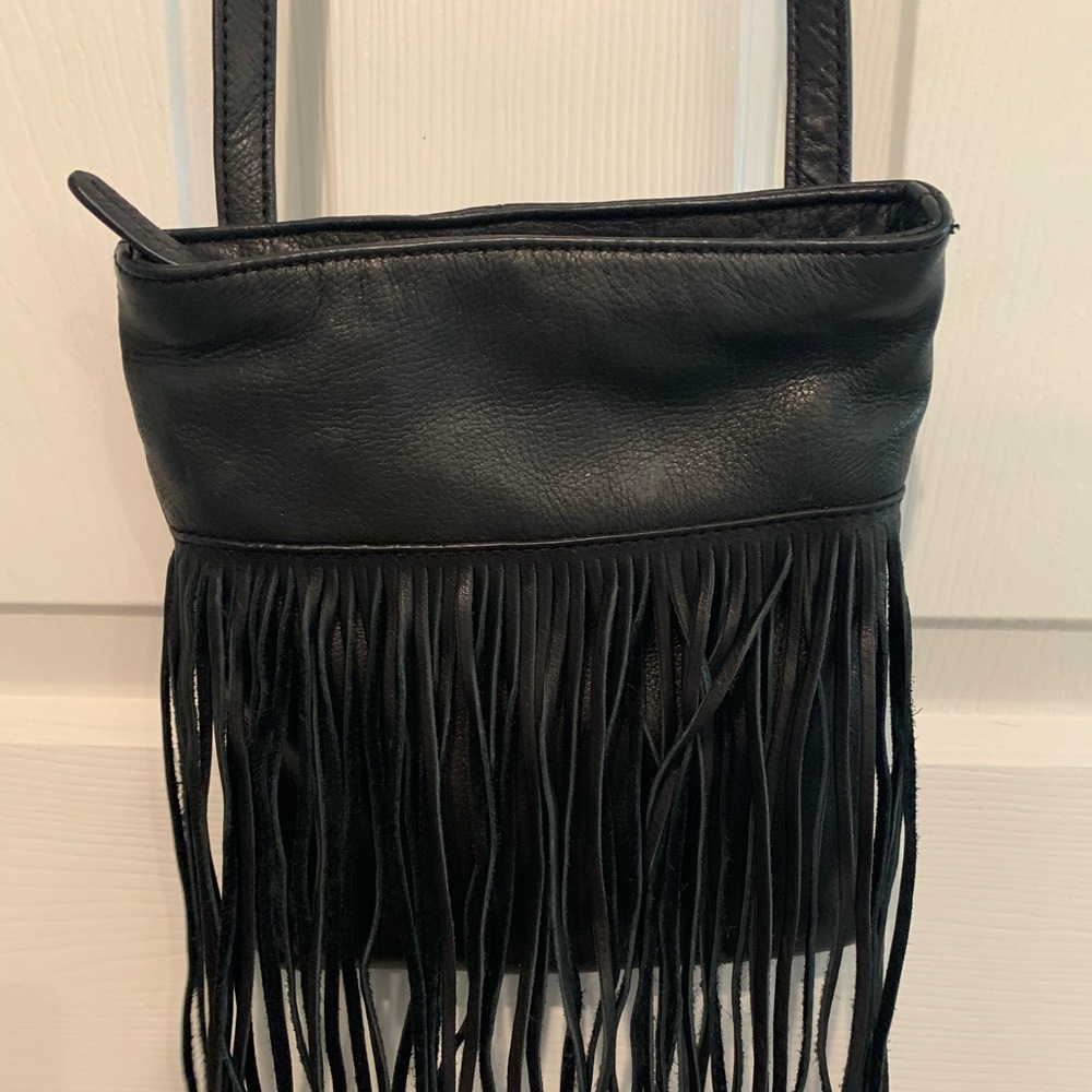 Black leather fringe crossbody purse